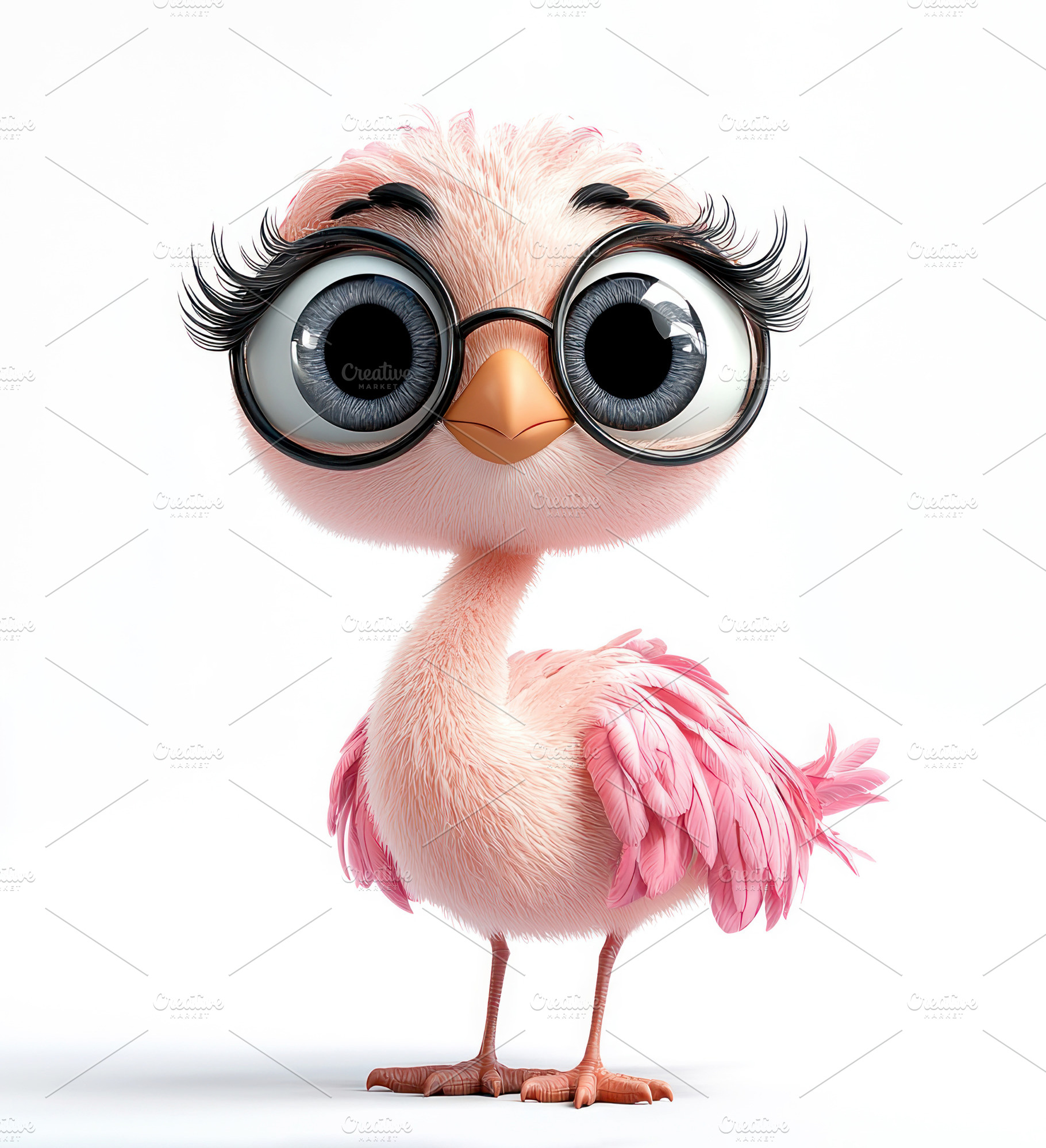 Cute pink cartoon bird with big eyes, round glasses, and long ey, an Animal Photo by José Manuel Gelpi