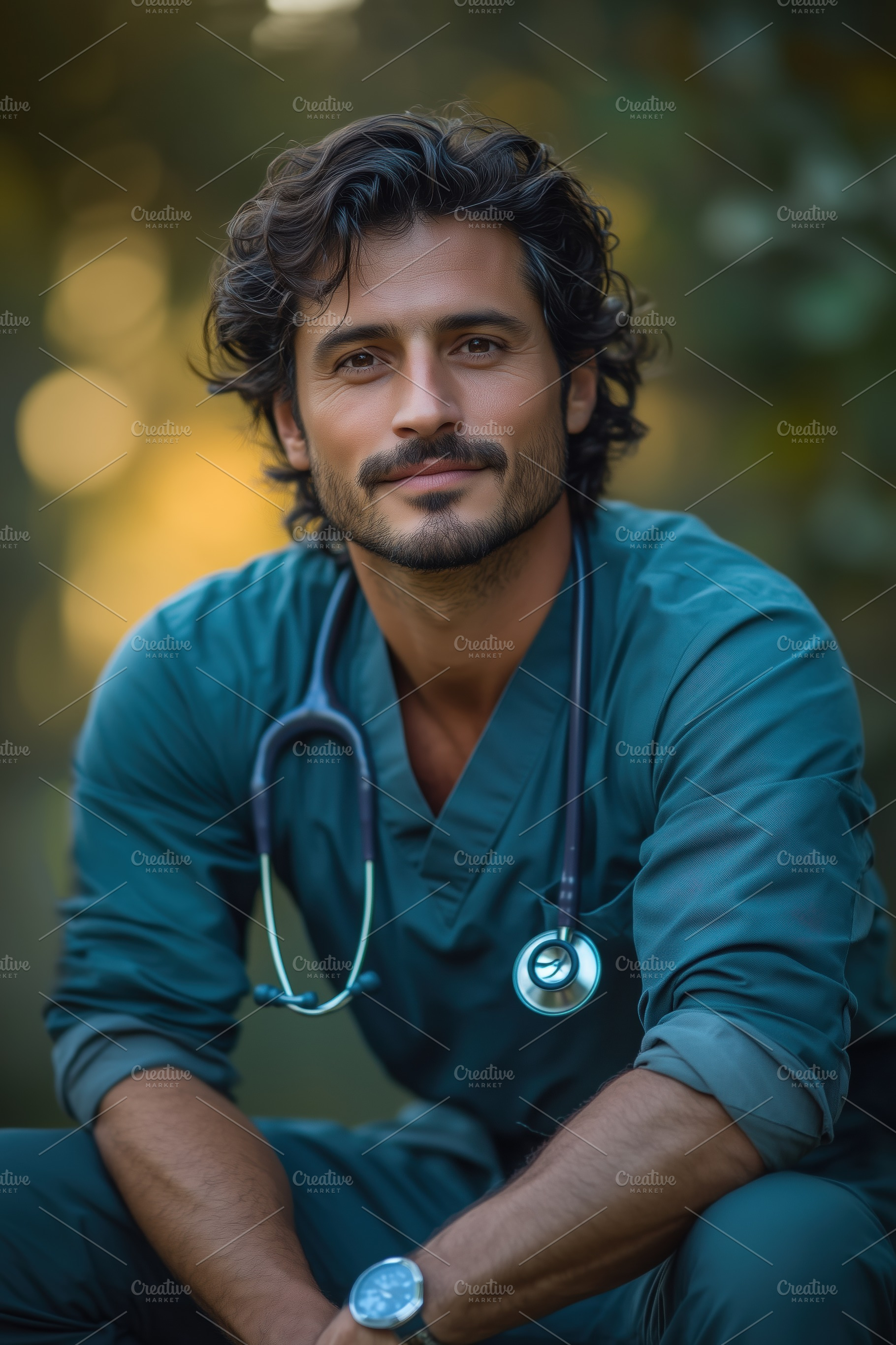 Valeologist. A confident male doctor in scrubs, smiling warmly while sitting ou, a Person Photo by Textures & Backgrounds