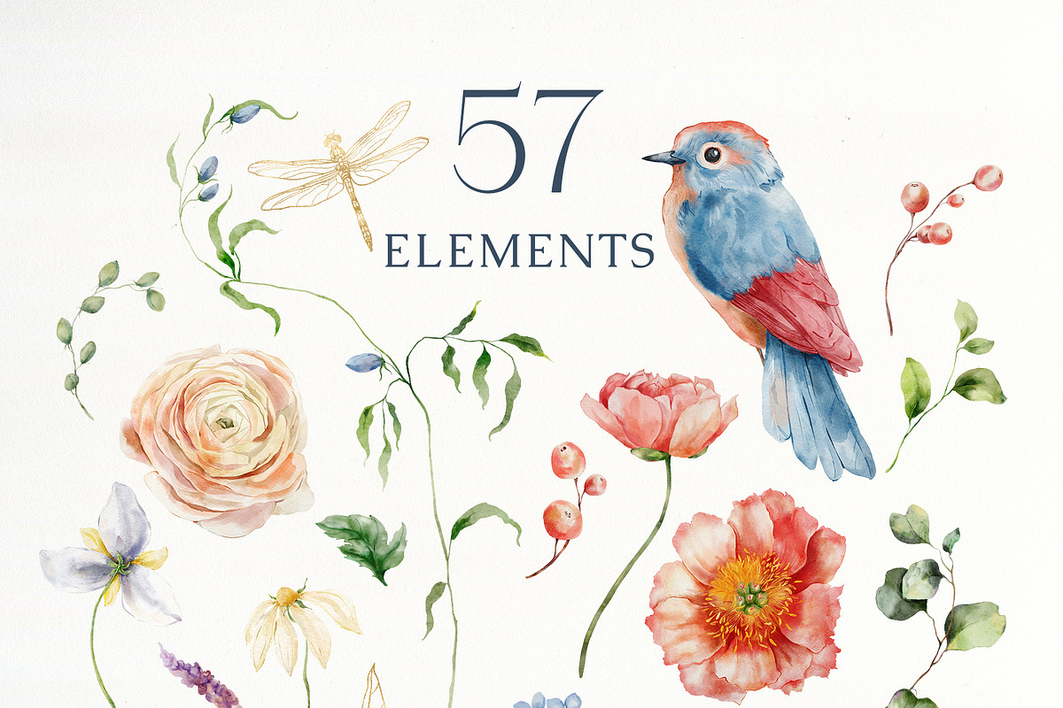 Wildflowers watercolor flowers birds, a Decorative Illustration by Yuliya Derbisheva (Photo 11 of 14)