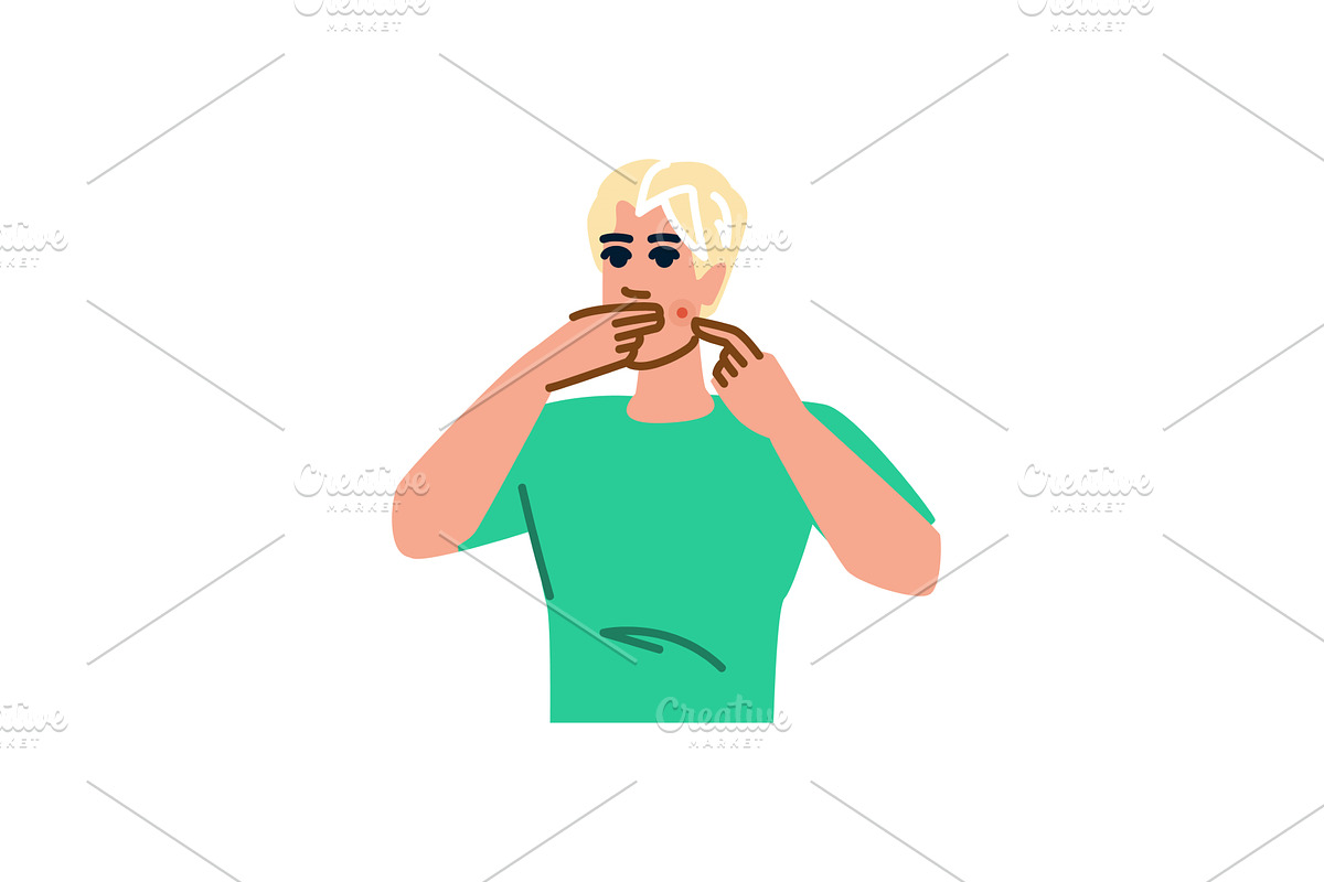 Young man touching pimple on face, a Person Illustration by pikepicture