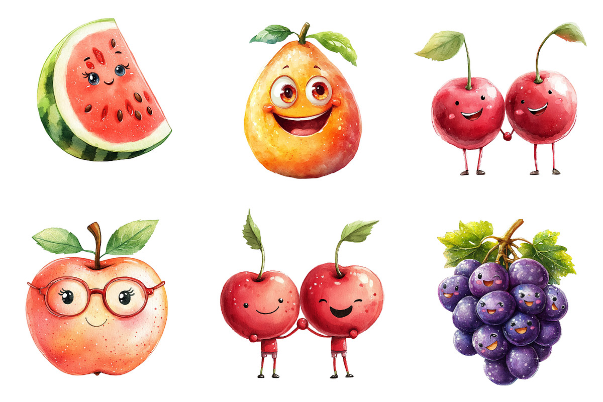 Cute Fruit Clipart,Kawaii Fruits, an Illustration by CreationArt (Photo 2 of 5)