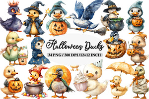 Watercolor Halloween Ducks Clipart, an Illustration by Daily.Designs