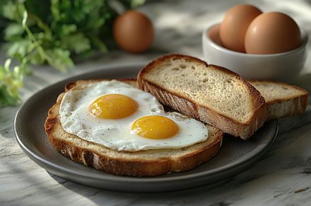 Toasted bread with fried eggs, a Food & Drink Photo by AlyaAnd
