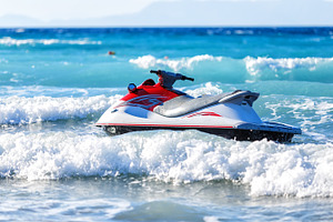 Jet Ski Moored inon on waves of Aegean sea