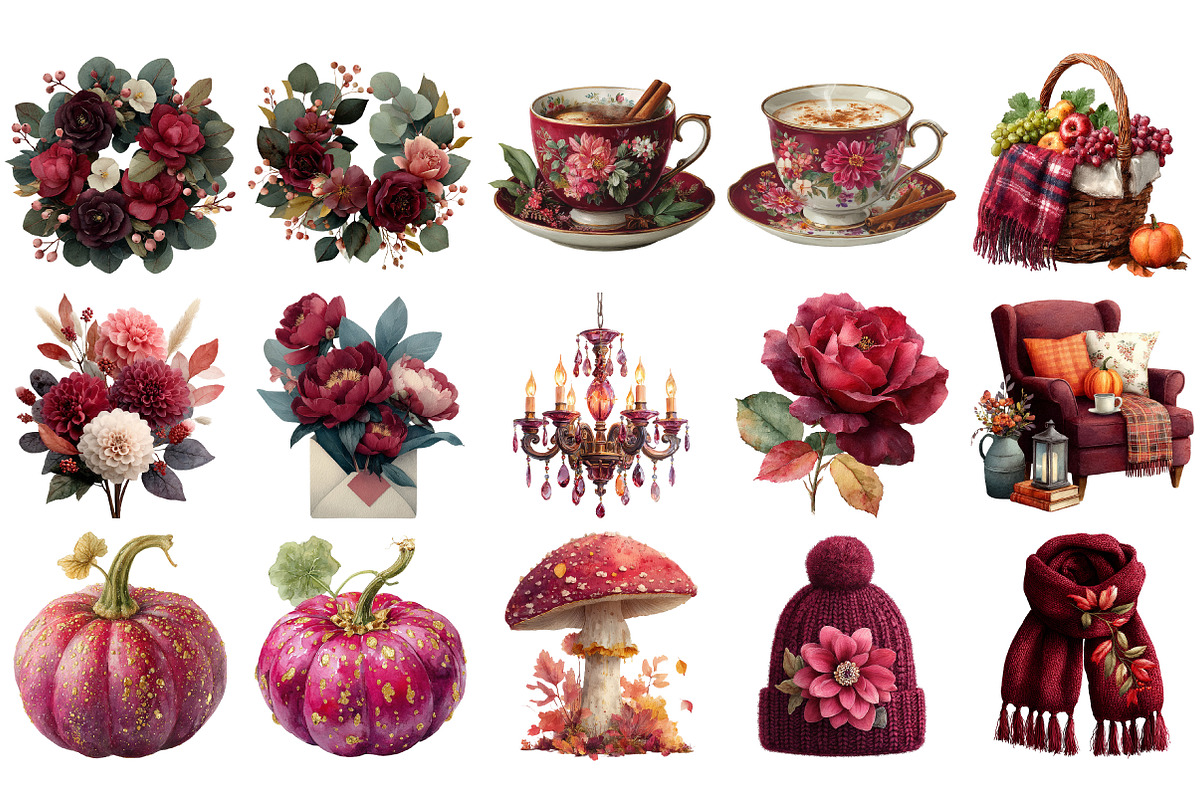 Watercolor Burgundy Autumn Clipart, an Illustration by Craft Nest (Photo 2 of 4)