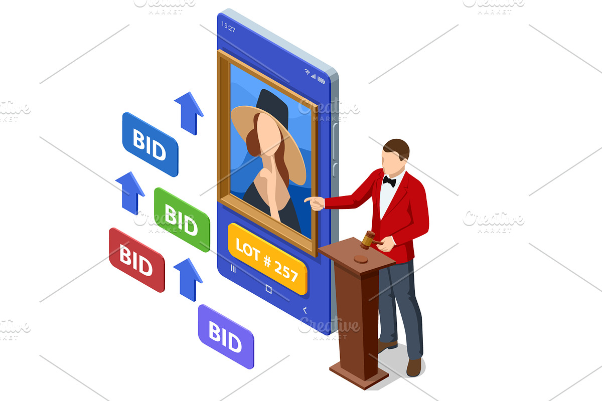 Isometric online art auction with, a Finance Illustration by Golden Sikorka