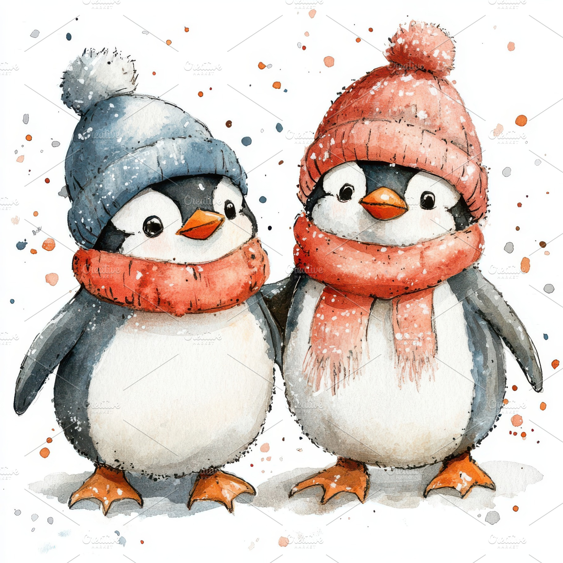 Two adorable penguins wearing winter, an Animal Photo by Pixeness