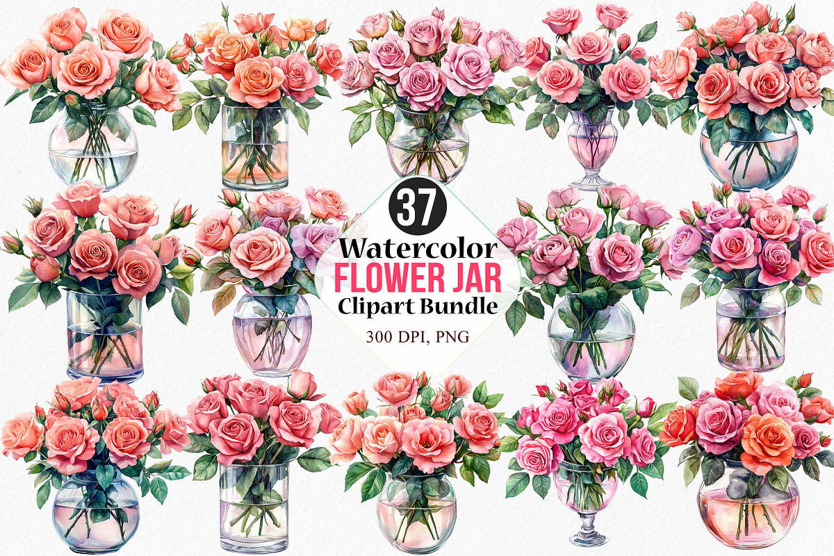 Watercolor Flower Jar Clipart Bundle, an Illustration by Canvas Craft (Photo 1 of 8)