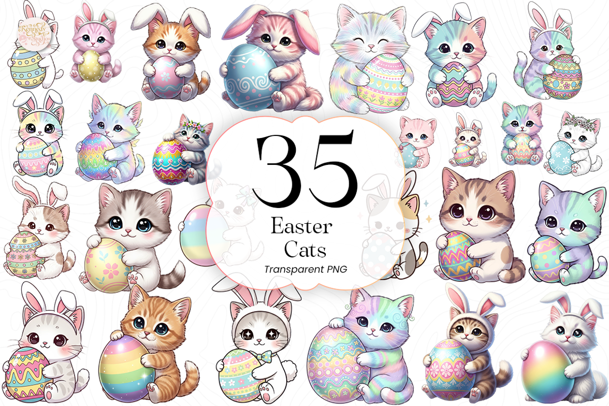 Easter Cats PNG Clipart Bundle Cute., an Animal Illustration by KennedyStudio (Photo 1 of 5)