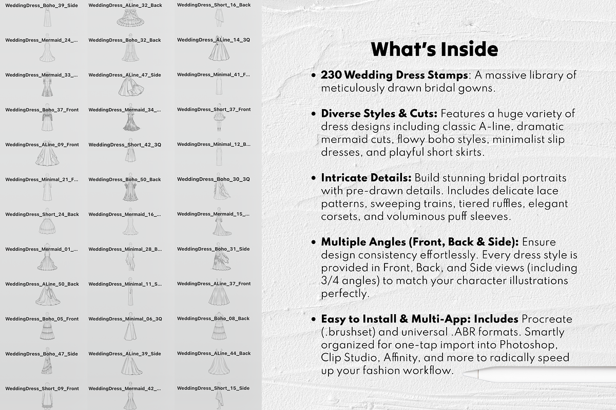 230 Wedding Dress Stamp Brushes, a Brush Add-On by Selentaori Studio (Photo 4 of 12)