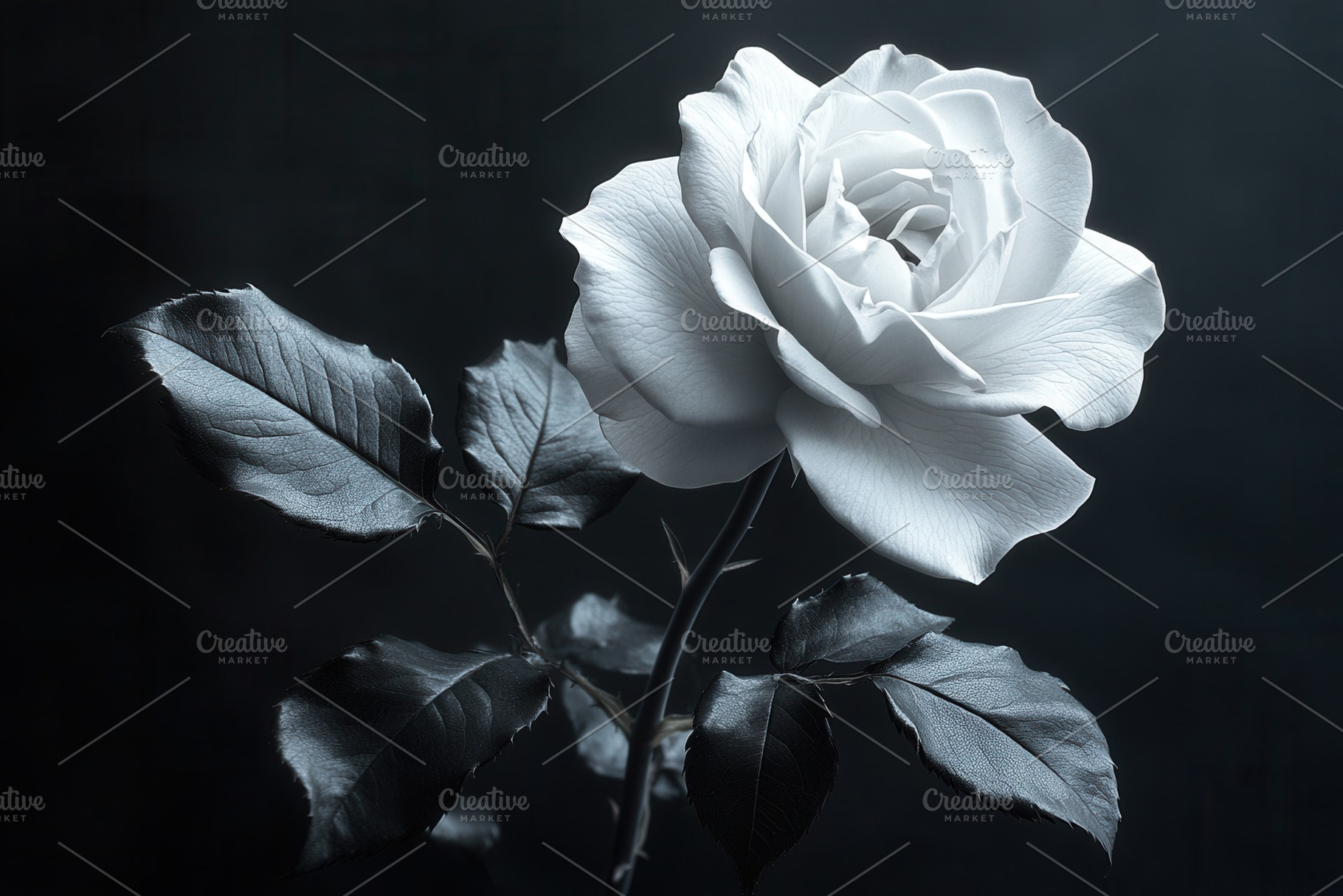 Elegant white rose with dark leaves, a Photo by Tanuart