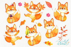 Cute Fall Watercolor Foxes Clipart