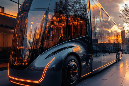 A futuristic, sleek bus design with a glossy black exterior and illuminated acc, a Transportation Photo by Textures & Backgrounds