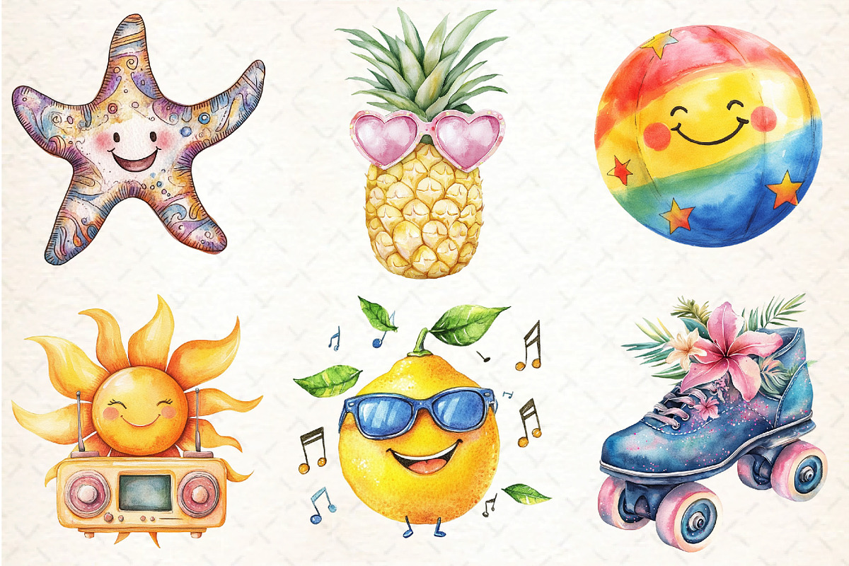 Watercolor Funky Summer Clipart, an Illustration by DreamCafeArt (Photo 4 of 4)