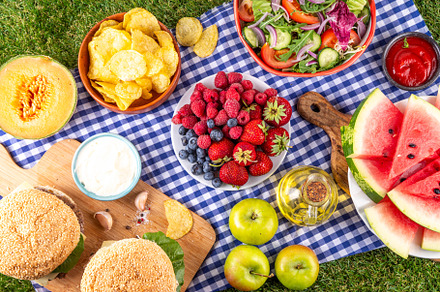Tasty summer barbecue table with hamburgers, salads, fruits and