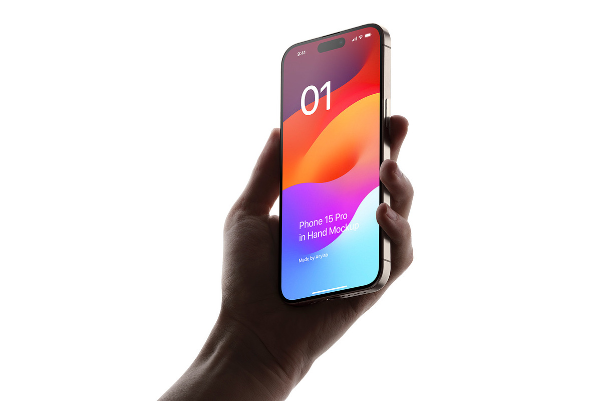 Phone 15 Pro Mockup in Hand, an iPhone Mockup by Asylab (Photo 1 of 4)