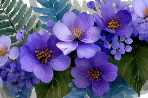 Purple and lavender tropical flowers with watercolor leaves and, a Nature Photo by José Manuel Gelpi