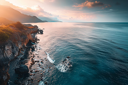 Waves gently lap against the rocky s, a Photo by Tanuart