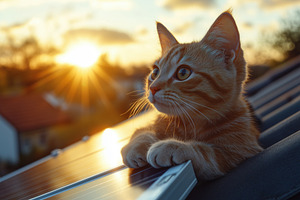 A curious orange tabby cat resting on a solar panel, gazing at a beautiful suns, a Technology Photo by Textures & Backgrounds