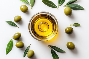 Olive oil bowl olives leaves healthy, a Food & Drink Photo by Pixeness Studio