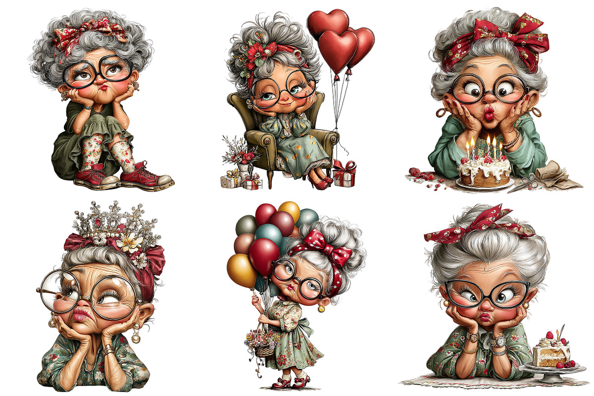 Whimsical Old Lady Birthday Clipart, an Illustration by Craft Nest (Photo 3 of 11)