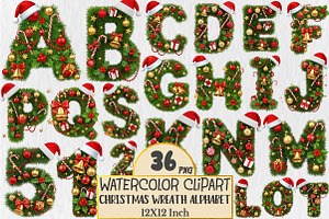 Christmas Wreath Alphabet Sublimatio, a Seasonal Illustration by Rose Art