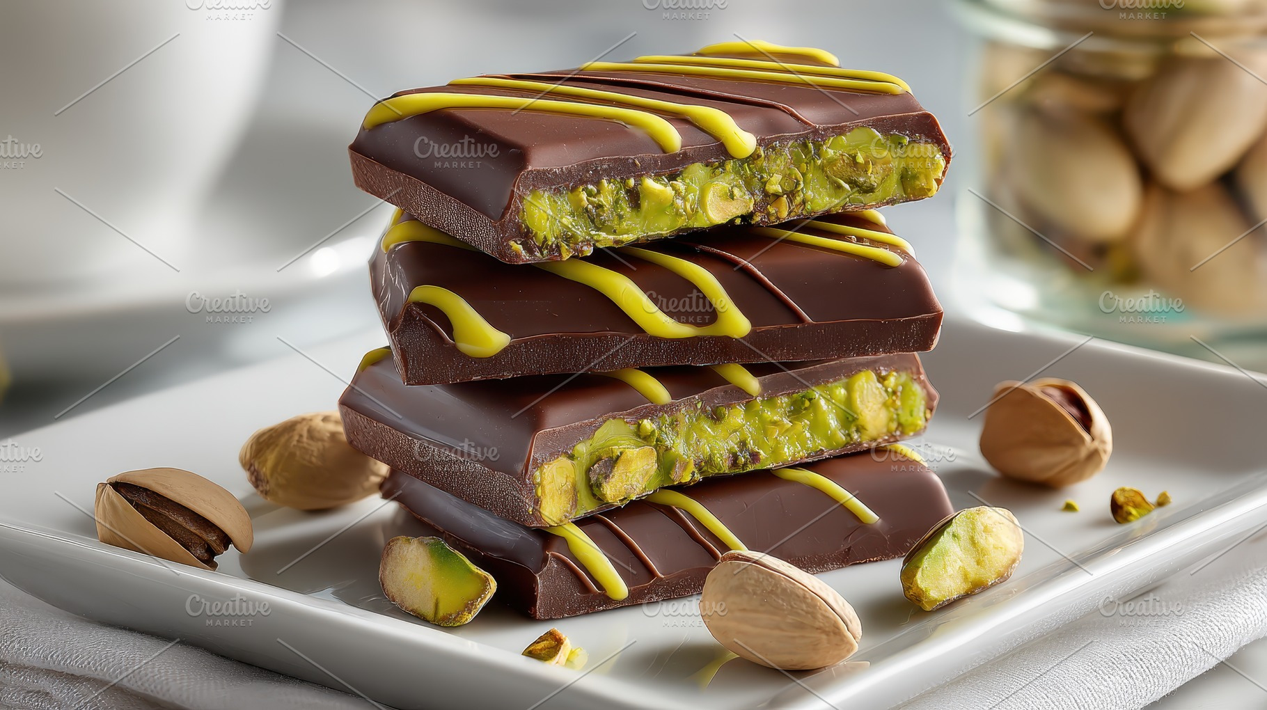 Dark Chocolate Pistachio Bars Stacke, a Photo by Pixeness Studio