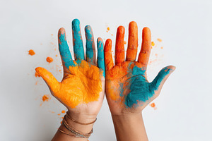 Colorful painted hands with blue and orange paint, an Arts & Entertainment Photo by AlyaAnd