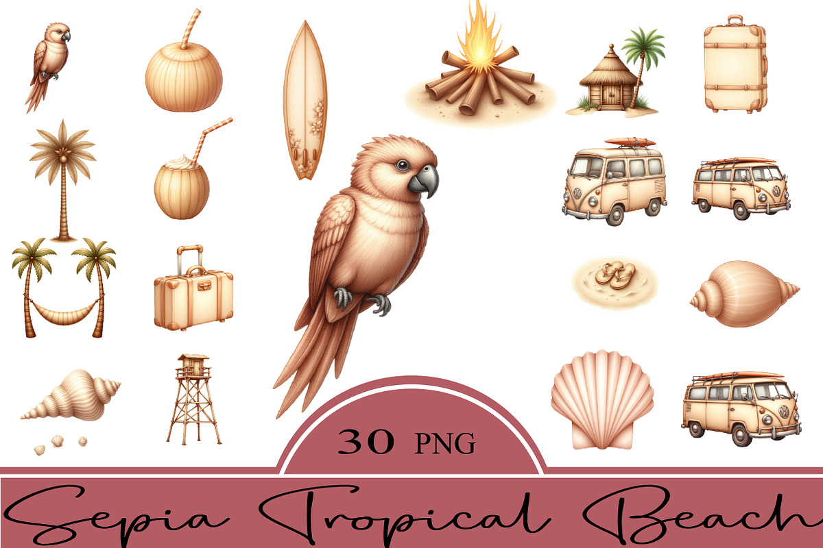 Sepia Tropical Beach Clipart, an Illustration by CrexoraLab (Photo 2 of 5)