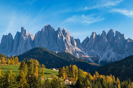 Autumn evening Santa Magdalena famous Italy Dolomites village su, a Nature Photo by YuriyB