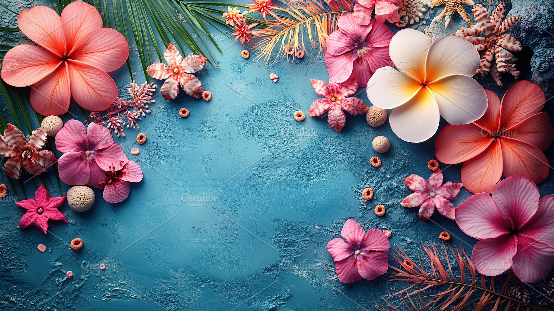 Colorful tropical flowers and plants arranged on a blue textured background for, a Nature Photo by AlyaAnd