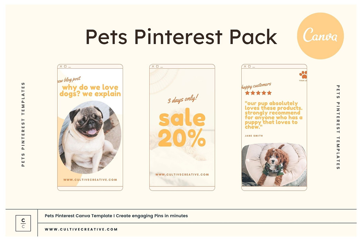 Pets Pinterest Pins Canva Templates, a Social Media Template by Cultive Creative (Photo 1 of 12)