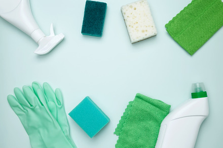 Cleaning supplies and tools, including bottles, gloves, sponges, and cloths. Co, a Photo by matucha