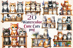Watercolor Cats Sublimation Clipart, a Work Illustration by Dream Creation