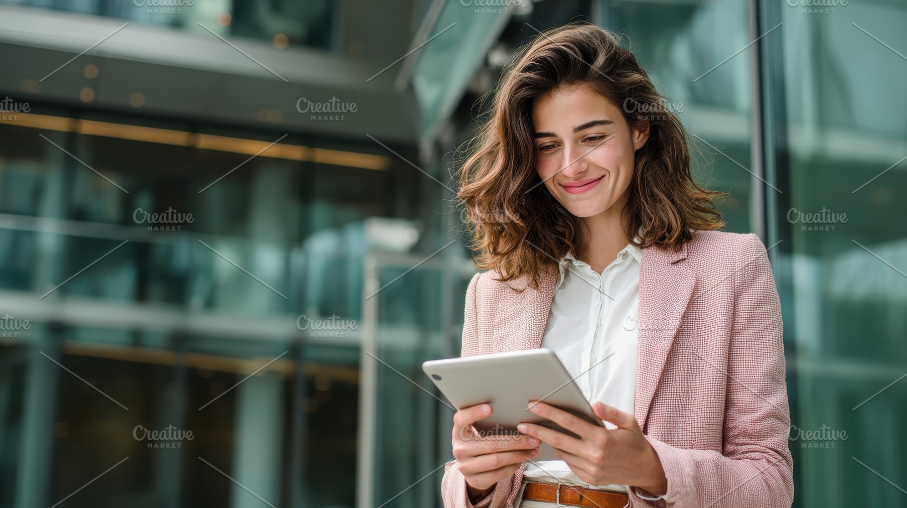 Businesswoman using tablet outside m, a Photo by Pixeness Studio