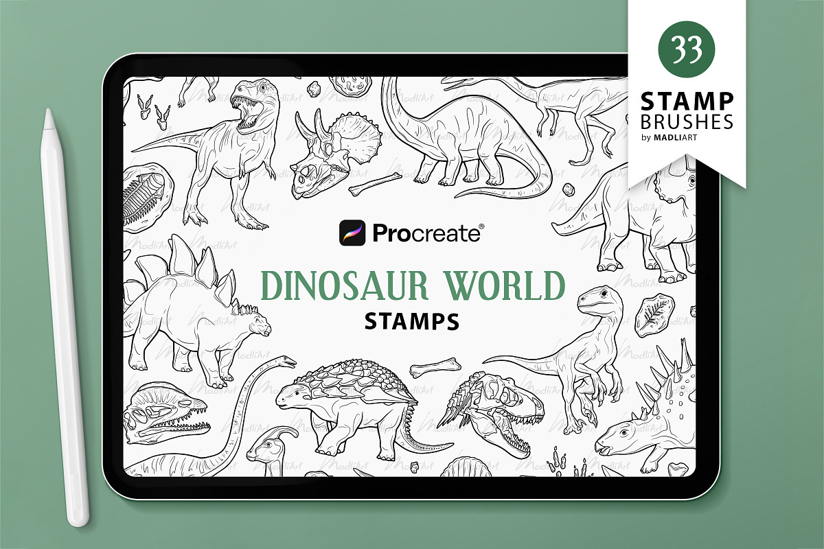33 Dinosaur World Procreate Stamps, a Shape Add-On by MadliArt (Photo 1 of 4)