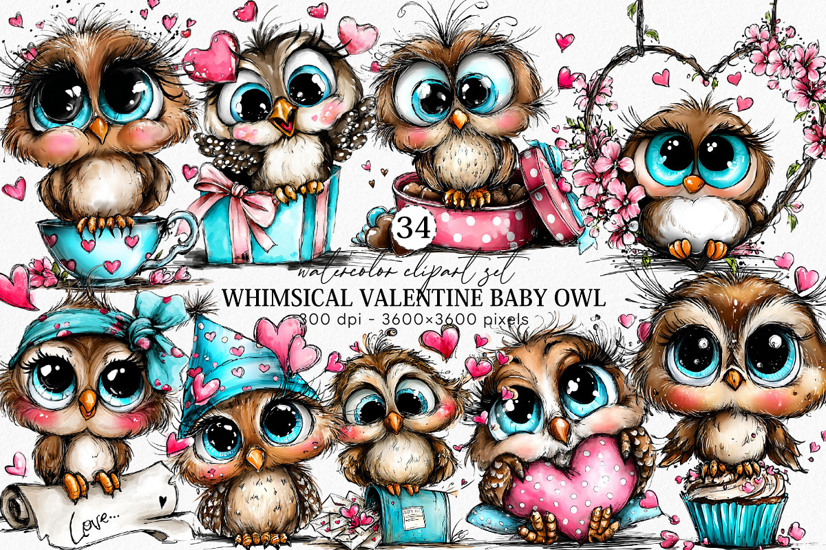 Whimsical Valentine Baby Owl Clipart, an Illustration by Canvas Craft (Photo 1 of 6)