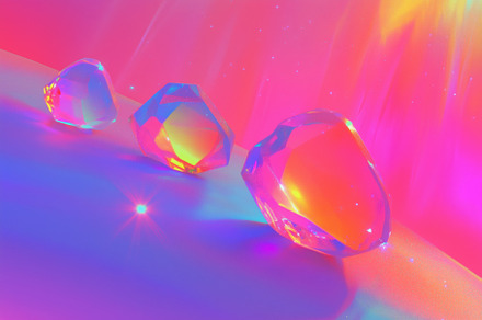 Three colorful, faceted gemstones arranged in a row against a vibrant, abstract, an Arts & Entertainment Photo by Textures & Backgrounds