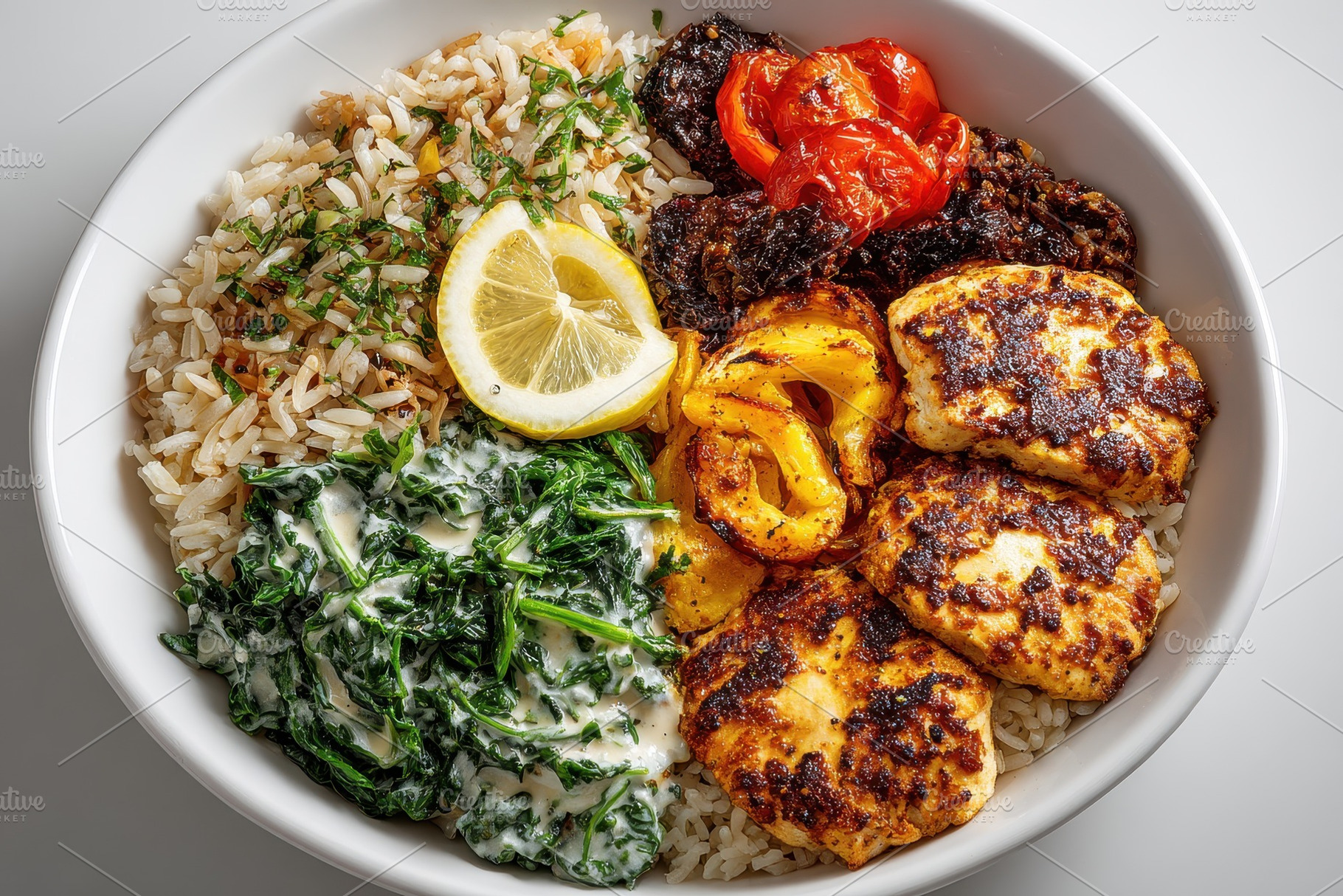 Delicious Grilled Chicken Rice Bowl, a Photo by Pixeness Studio