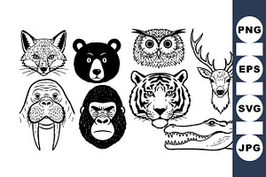 Wild Animal Head Clipart Set, an Illustration by designvectx