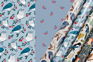 Autumn Birds. Seamless Patterns