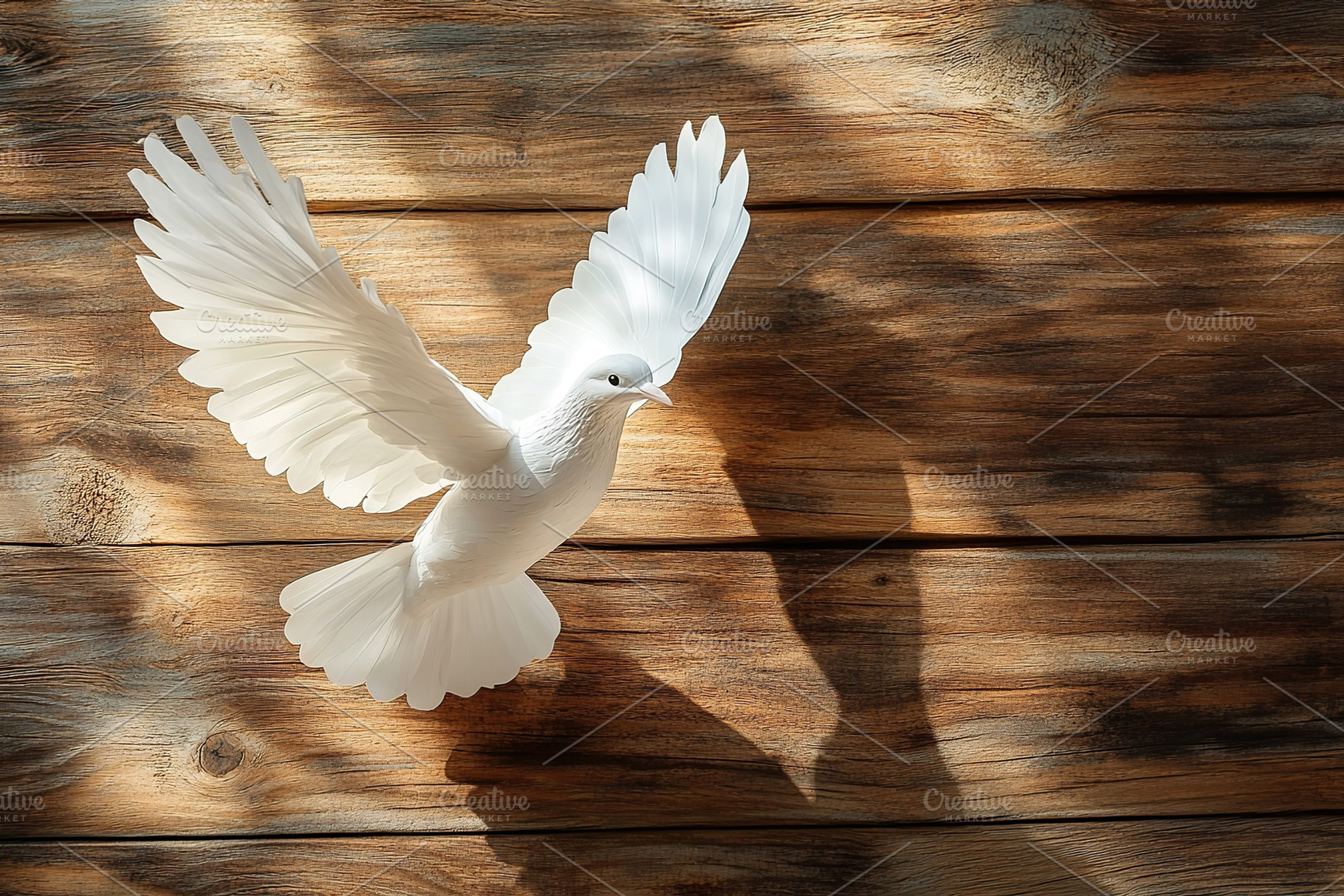 White dove with outstretched wings on wooden background, an Animal Photo by AlyaAnd