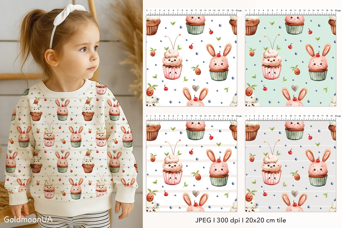 Sweet Cupcake Pattern & Clipart, a Food Illustration by GoldmoonUA (Photo 2 of 5)