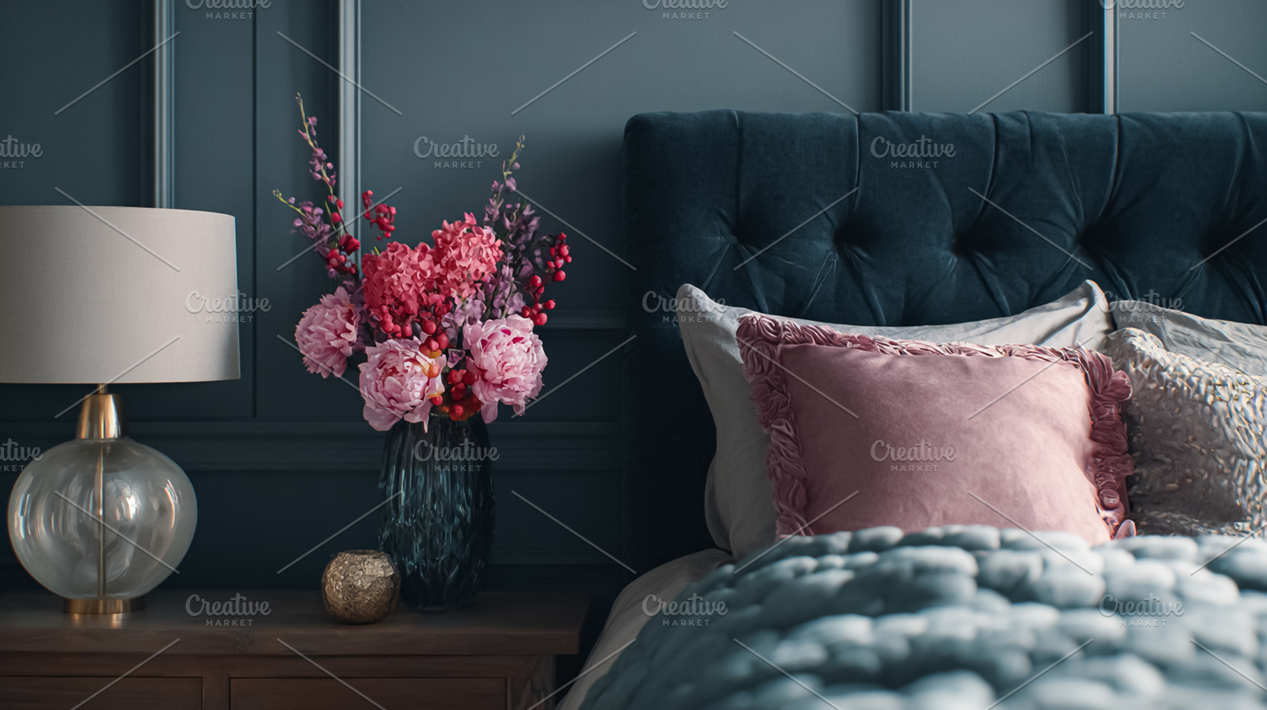 Cozy bedroom interior with elegant velvet bed headboard, fresh f, a Photo by Studio ANNA