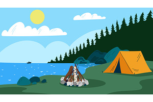 Tent on riverbank. Campfire at shore, an Illustration by Vectorbuum