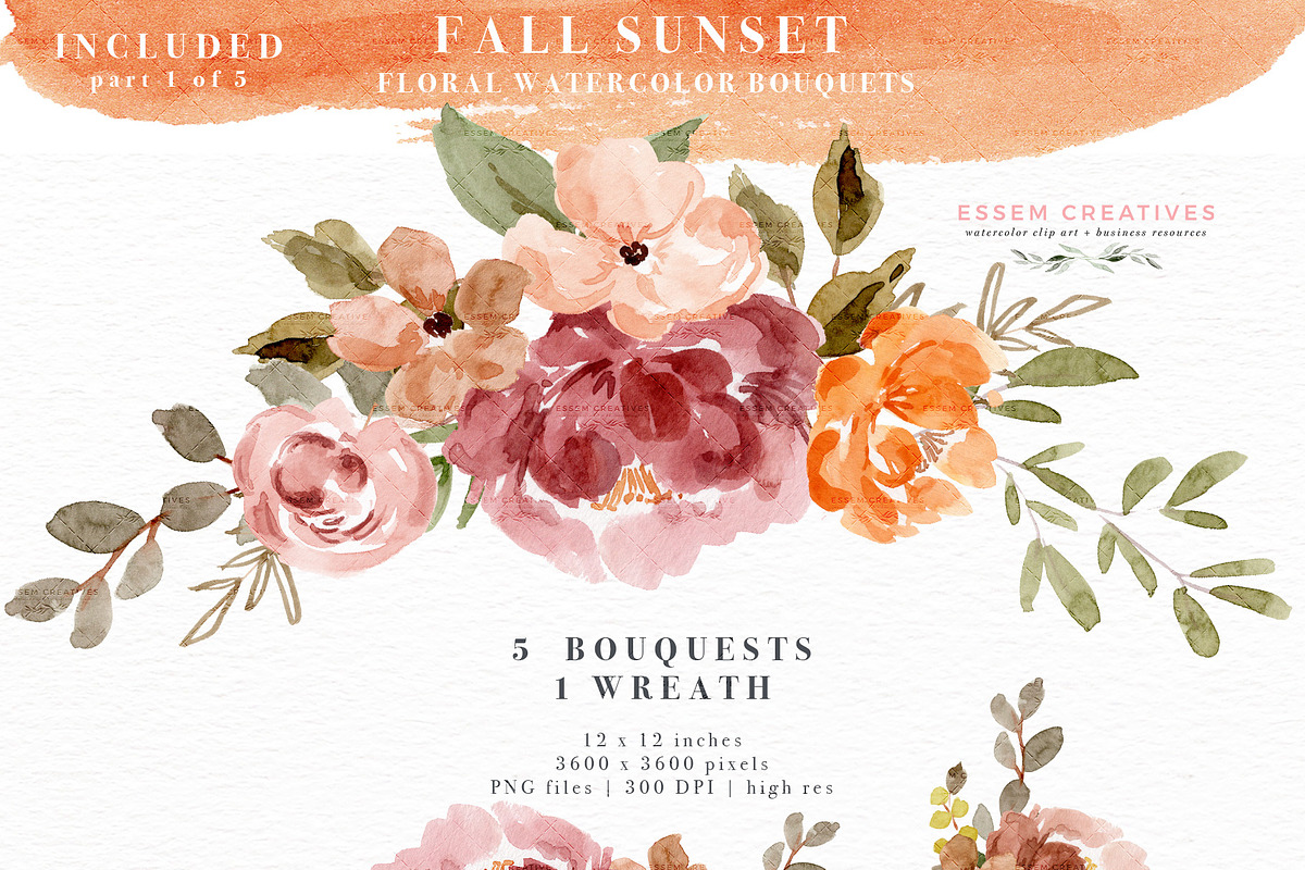 Orange Pink Fall Watercolor Flowers, an Illustration by Essem Creatives (Photo 3 of 12)