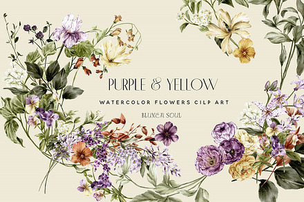 Purple and Yellow Watercolor Flowers, a Decorative Illustration by BlumenSoul