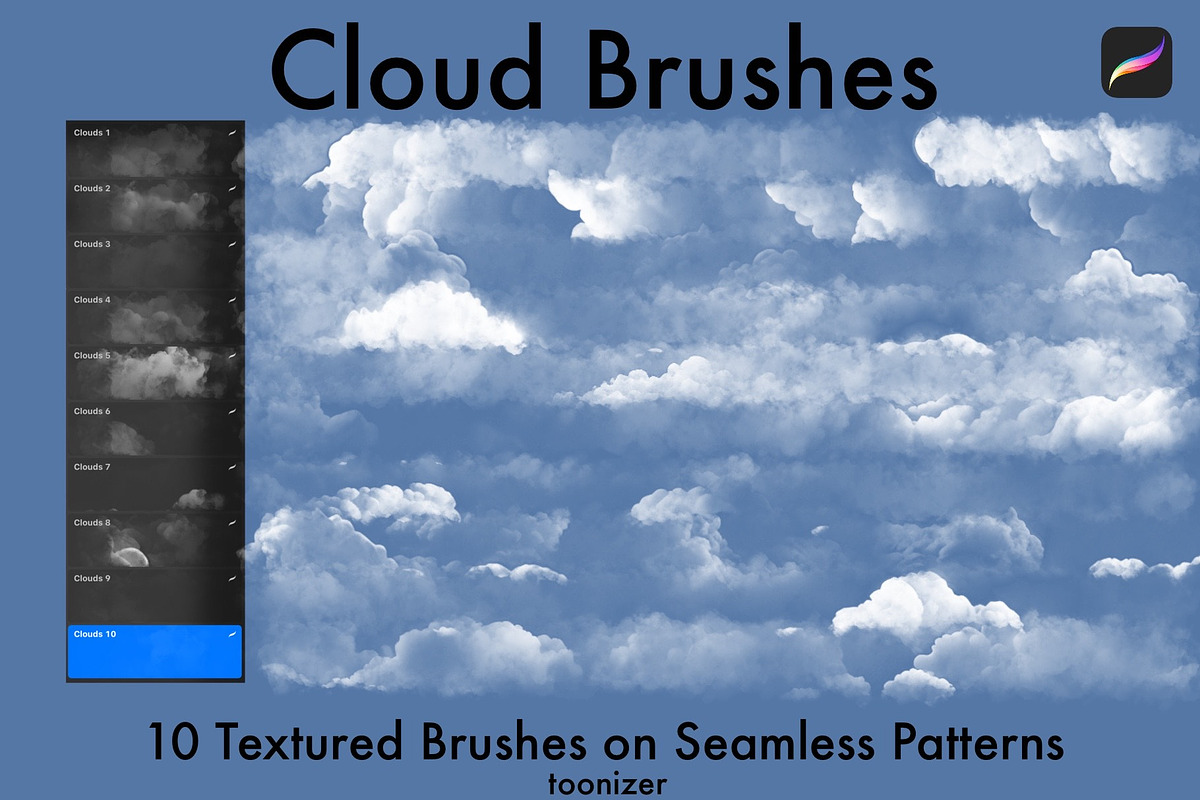 Seamless Cloud Brushes for Procreate, a Brush Add-On by Toonizer (Photo 1 of 4)