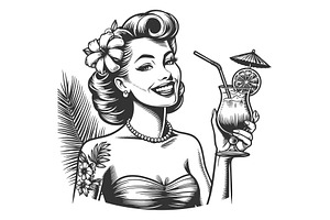 Woman with Cocktail engraving vector, a Person Illustration by AlexArt