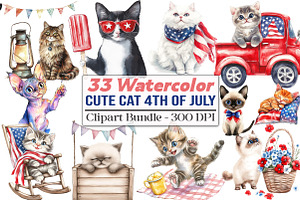 watercolor Cute Cat 4th of july, an Illustration by DreamCafeArt